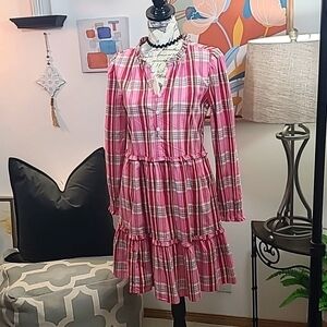 J Crew NWT Plaid Mini Dress Ruffle Trim Sweet Briar Marine Salt Pink